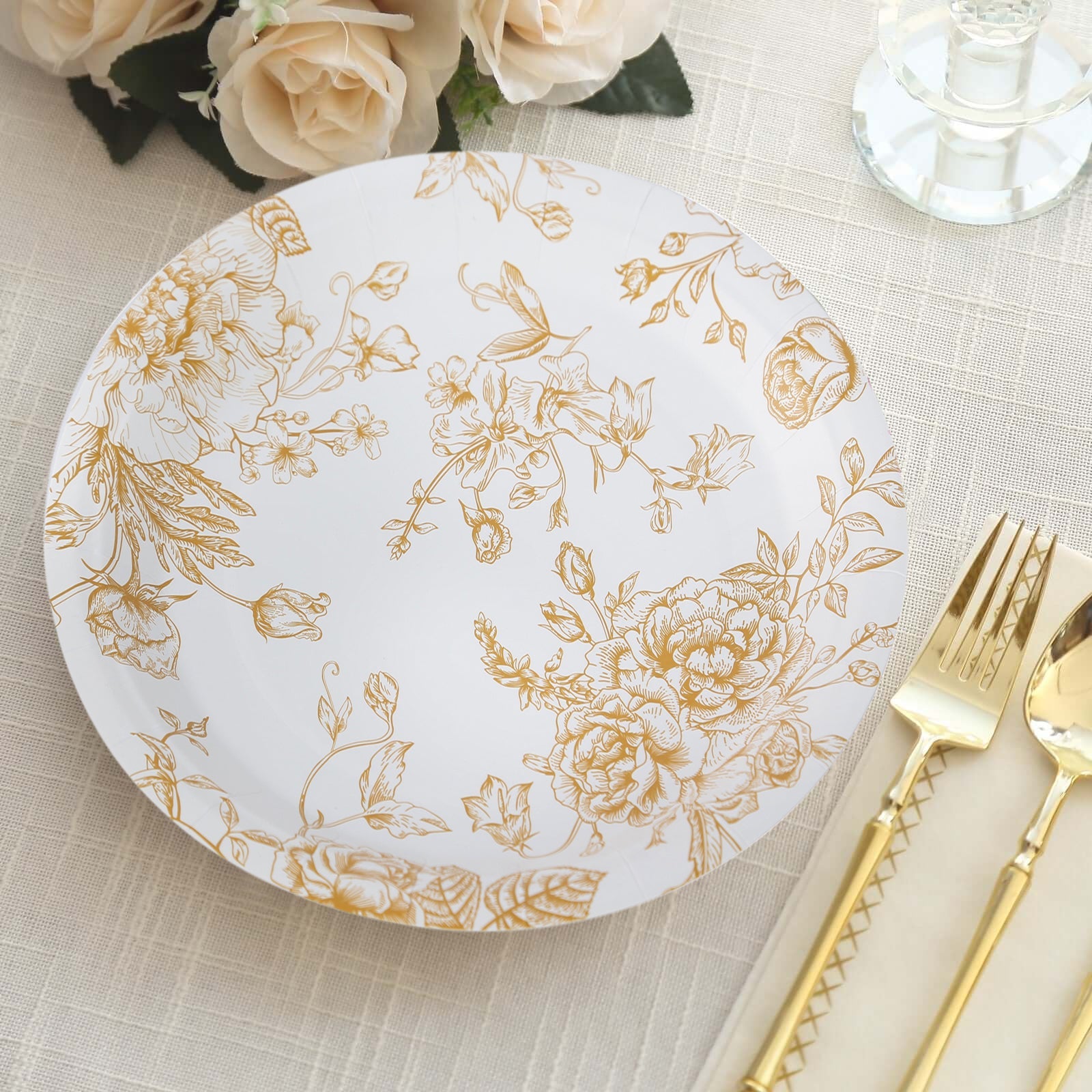 25-Pack Paper 9" Round Dinner Plates in White with Gold French Toile Pattern - Disposable Floral Party Plates for Stylish Events