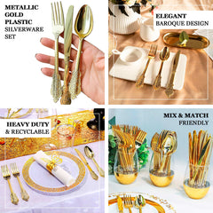 24 Pcs Plastic Silverware Set in Baroque Style Metallic Gold - Heavy Duty Disposable Knife, Fork, and Spoon Set