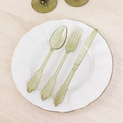 72 Pcs Plastic Silverware Set in Baroque Style Transparent Dusty Sage Green - Heavy Duty Disposable Knife, Fork, and Spoon Set