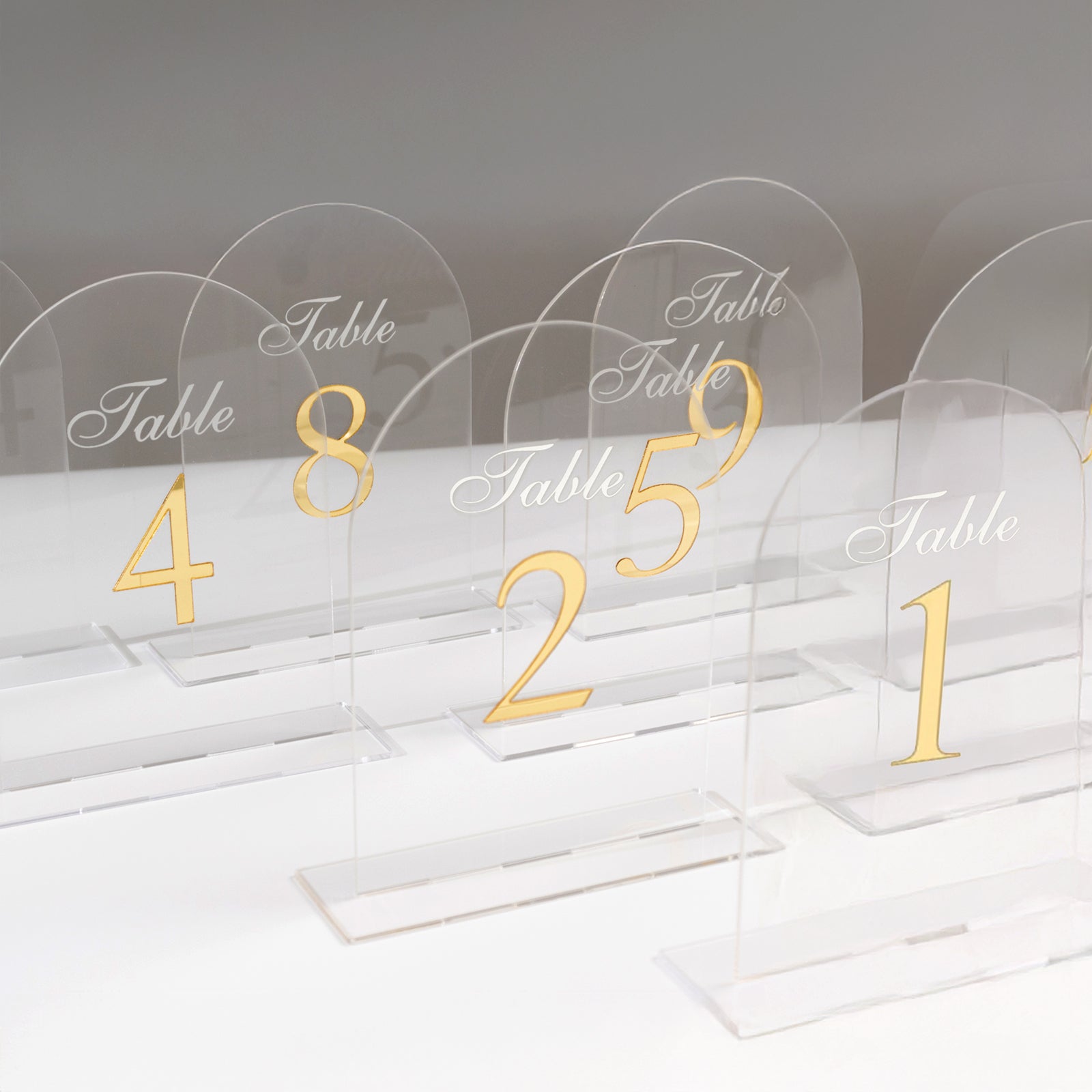 Clear Arch Acrylic Table Numbers (1-10) - 6"x7" Wedding Reception Signs with Gold Print & Stands