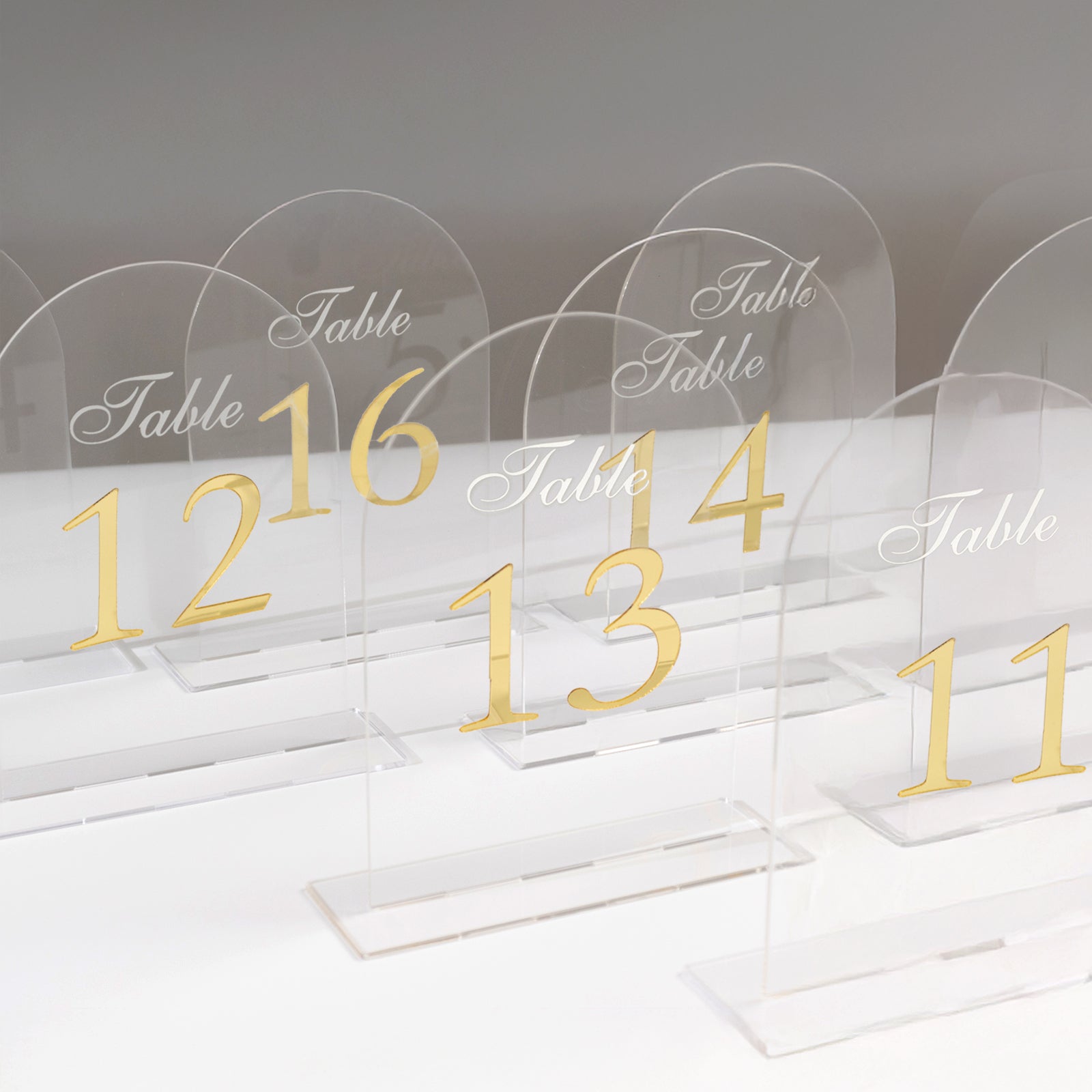 Clear Arch Acrylic Table Numbers (11-20) - 6"x7" Wedding Reception Signs with Gold Print & Stands