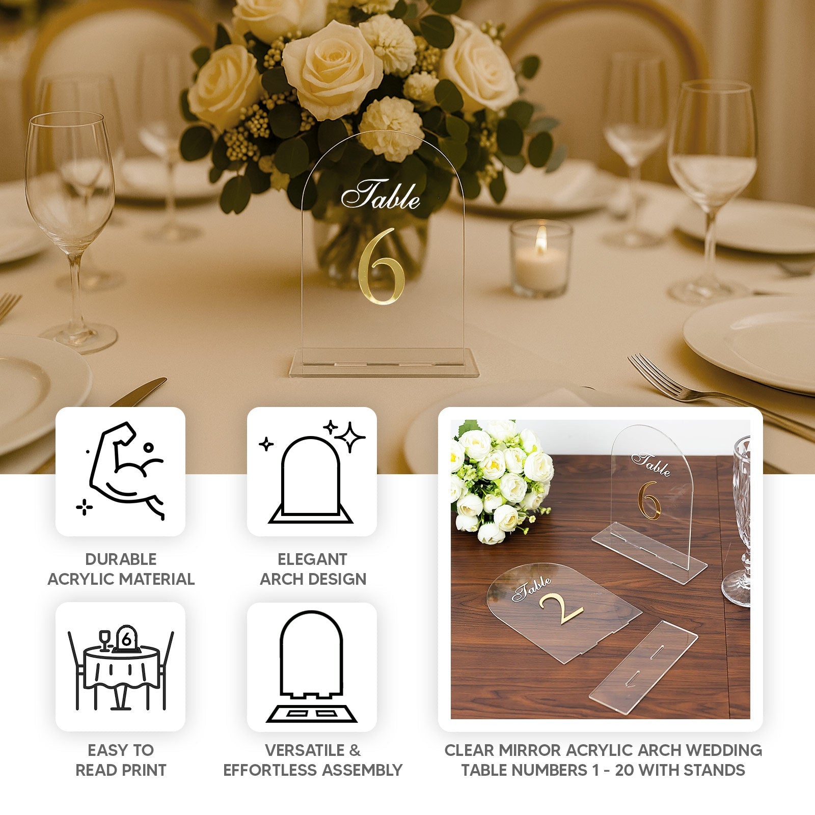Clear Arch Acrylic Table Numbers (11-20) - 6"x7" Wedding Reception Signs with Gold Print & Stands