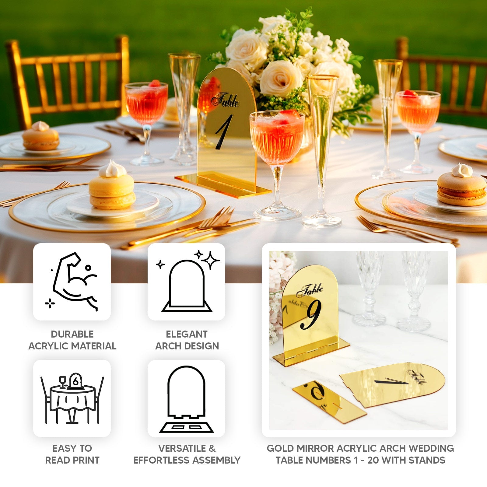 Gold Mirror Arch Acrylic Table Numbers (11-20) - 6"x7" Wedding Reception Signs with Black Print & Stands