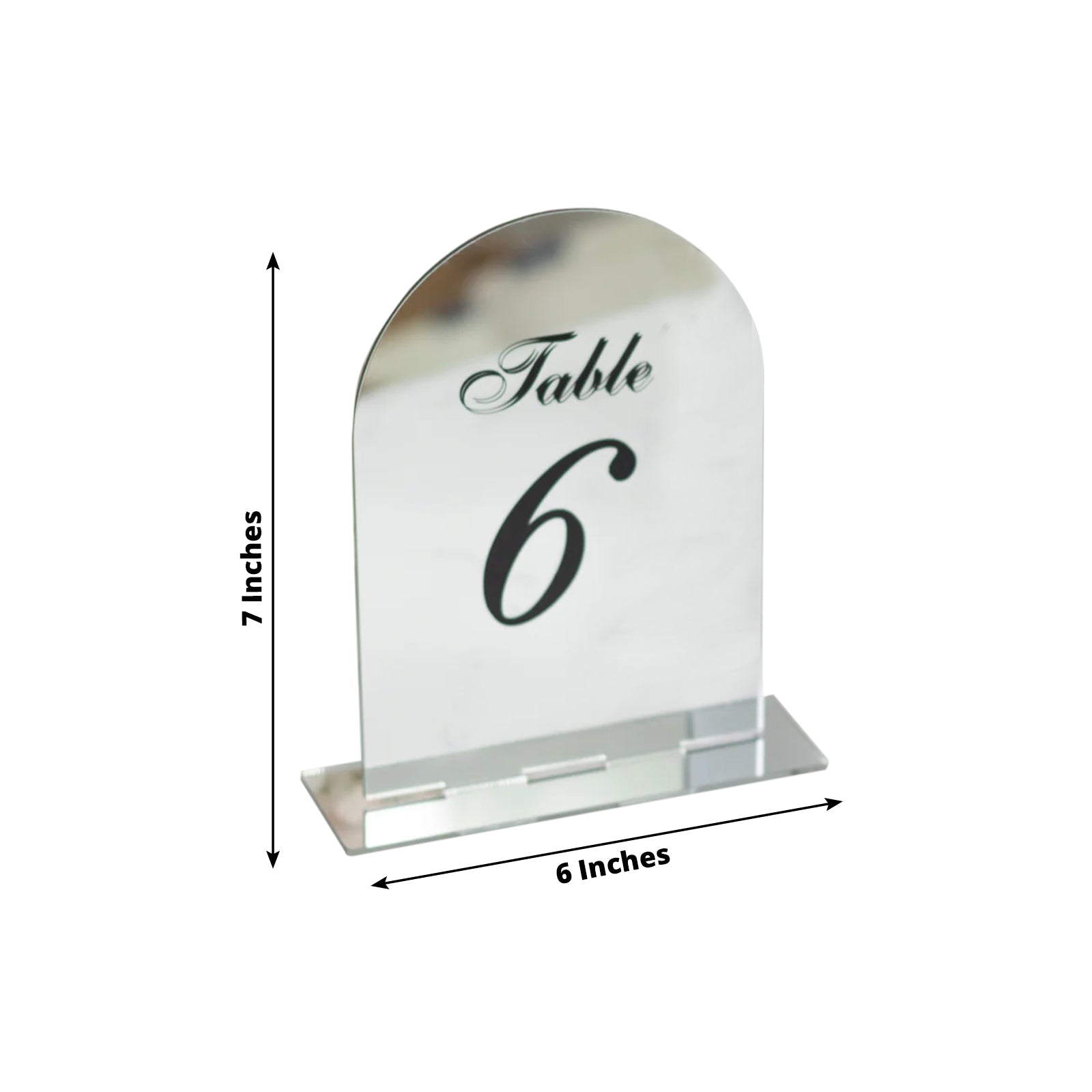Silver Mirror Arch Acrylic Table Numbers (1-10) - 6"x7" Wedding Reception Signs with Black Print & Stands