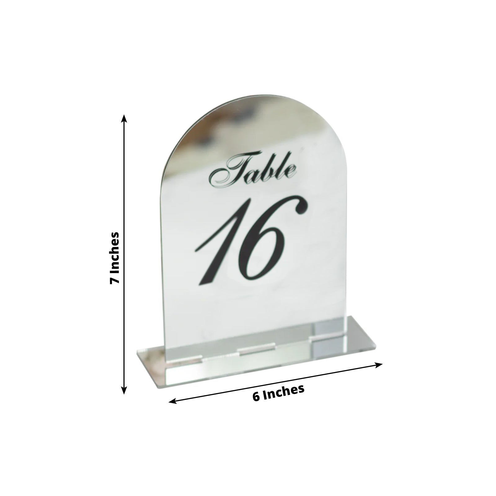Silver Mirror Arch Acrylic Table Numbers (11-20) - 6"x7" Wedding Reception Signs with Black Print & Stands