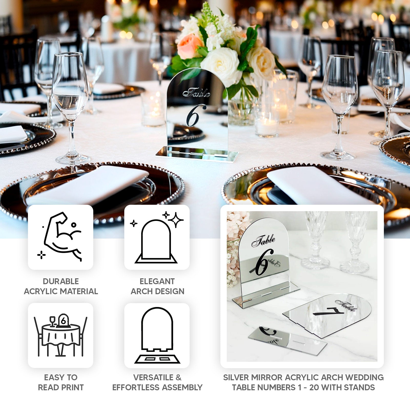 Silver Mirror Arch Acrylic Table Numbers (11-20) - 6"x7" Wedding Reception Signs with Black Print & Stands