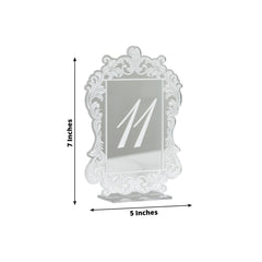 Silver Mirror Arch Acrylic Table Numbers (11-20) - 5"x7" Wedding Reception Signs with Baroque Lace Border, White Print & Stands