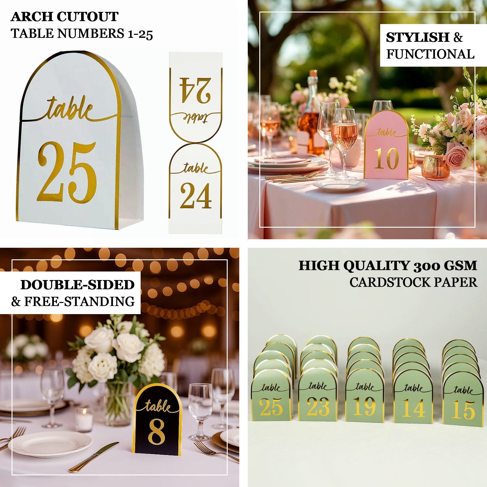 25-Pack 7" Disposable Table Numbers, Blush Free Standing Double Sided Table Number Place Cards with Metallic Gold Foil Numbers 1-25