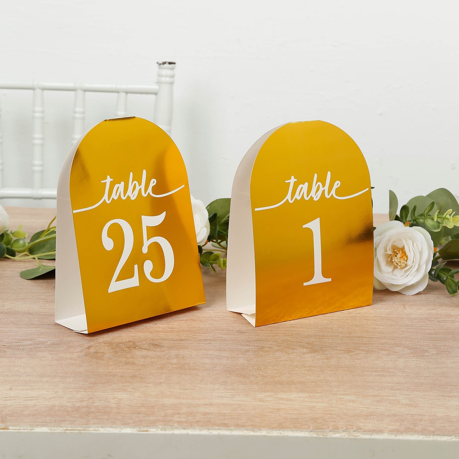 25-Pack 7" Disposable Table Numbers, Metallic Gold Free Standing Double Sided Table Number Place Cards with White Numbers 1-25