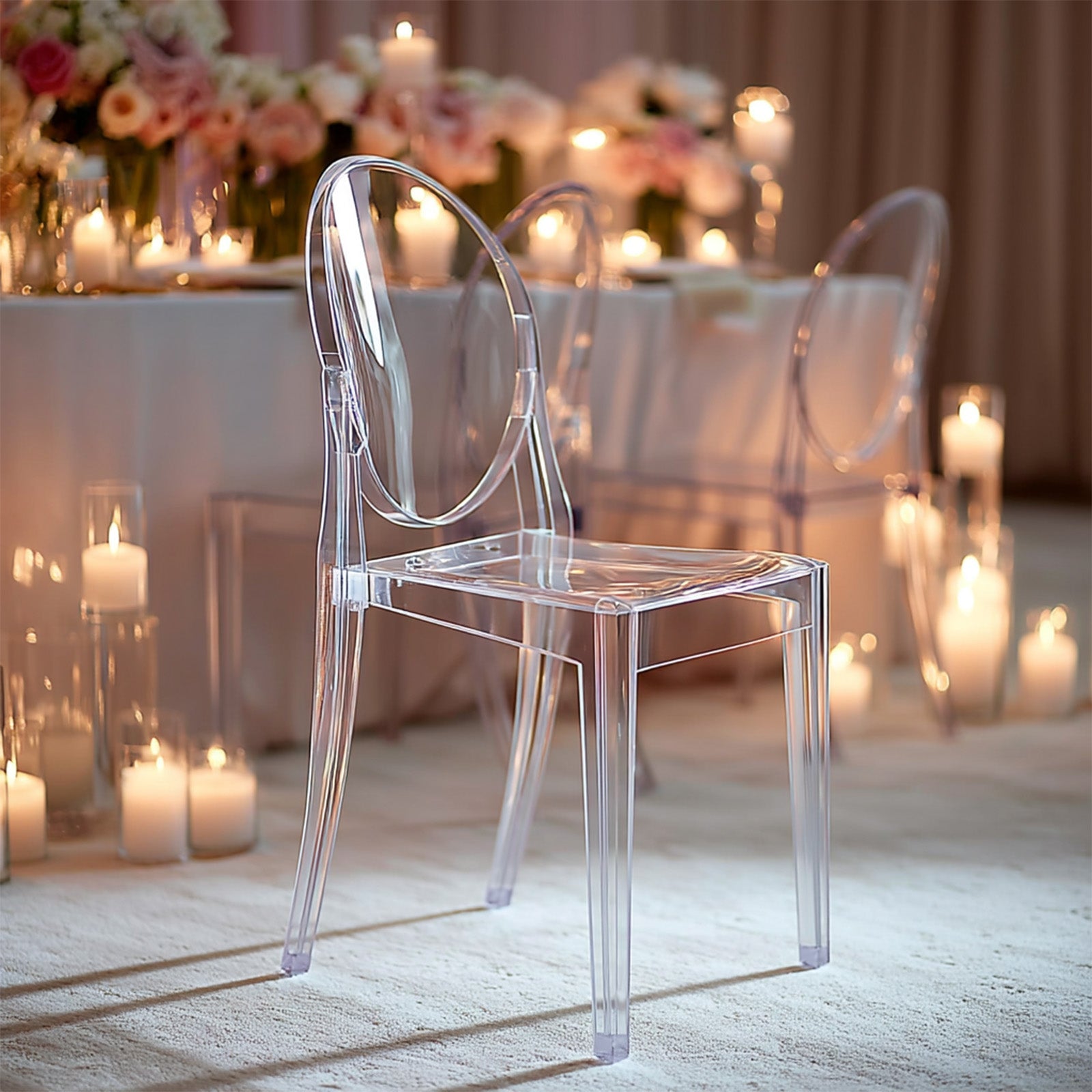 8 Pack Stackable Clear Acrylic Ghost Banquet Chairs with Oval Back, Fully Assembled Armless Event Accent Chair