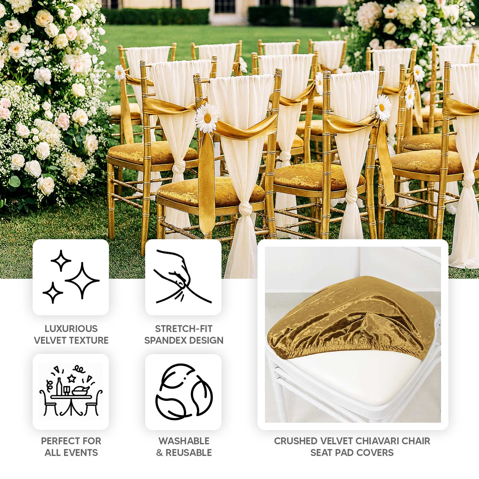 5 Pack Crushed Velvet Seat Pad Covers for Chiavari Chairs – Gold Fitted Dining Chair Cushion Slipcovers, Washable & Reusable