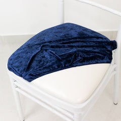 5 Pack Crushed Velvet Seat Pad Covers for Chiavari Chairs – Navy Blue Fitted Dining Chair Cushion Slipcovers, Washable & Reusable