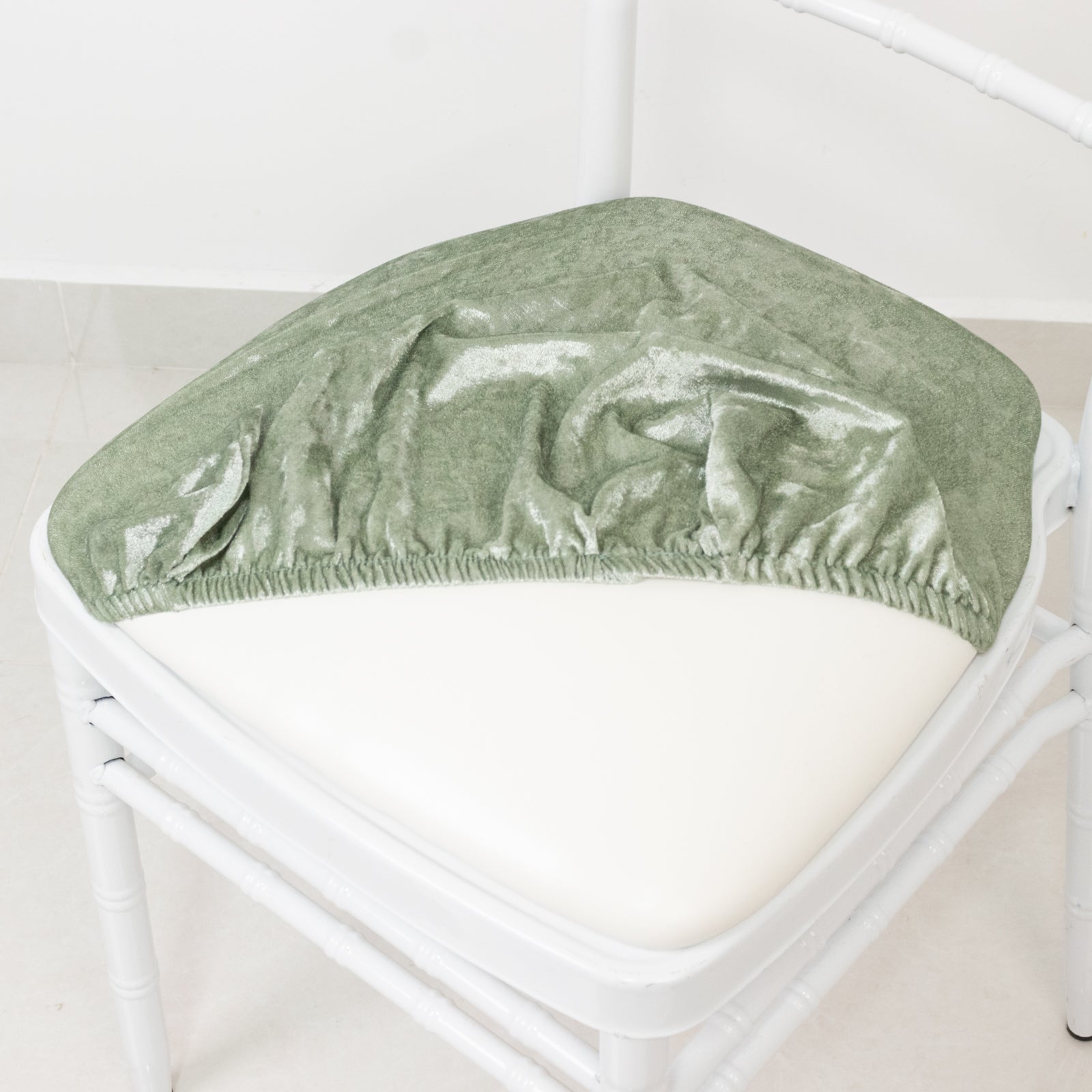 5 Pack Crushed Velvet Seat Pad Covers for Chiavari Chairs – Sage Green Fitted Dining Chair Cushion Slipcovers, Washable & Reusable