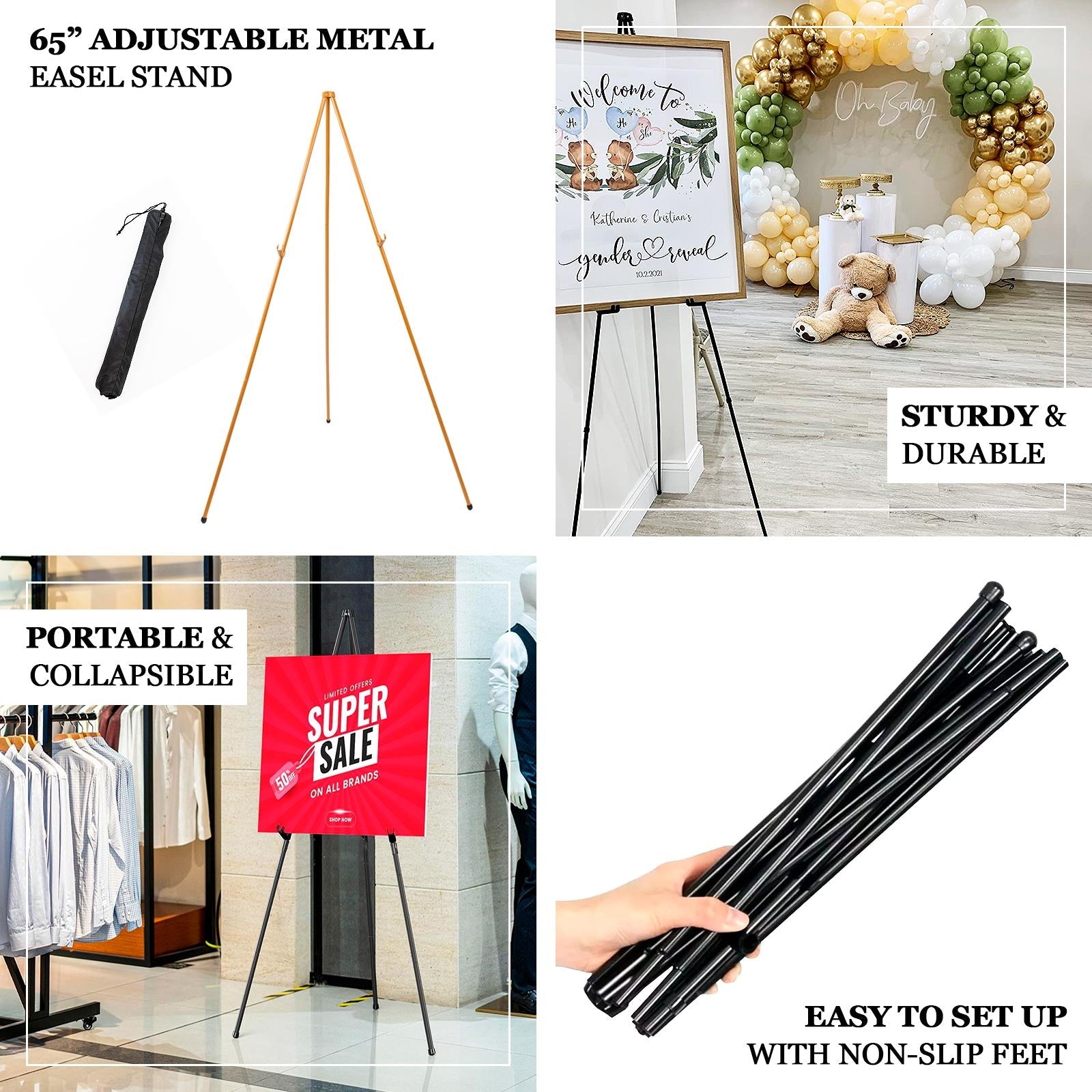 65" Heavy Duty Gold Metal Easel Stand - Portable and Adjustable Tripod for Wedding Signs, Posters, and Art