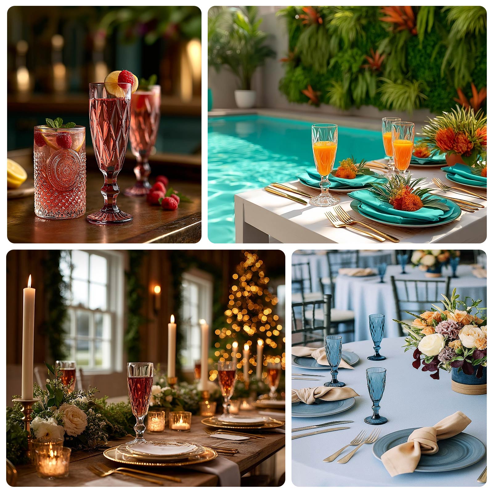 6-Pack Champagne Flute Glasses Transparent Ocean Blue Textured Crystal Cut Design - Chic Wine Goblets for Parties & Events 6oz 8"