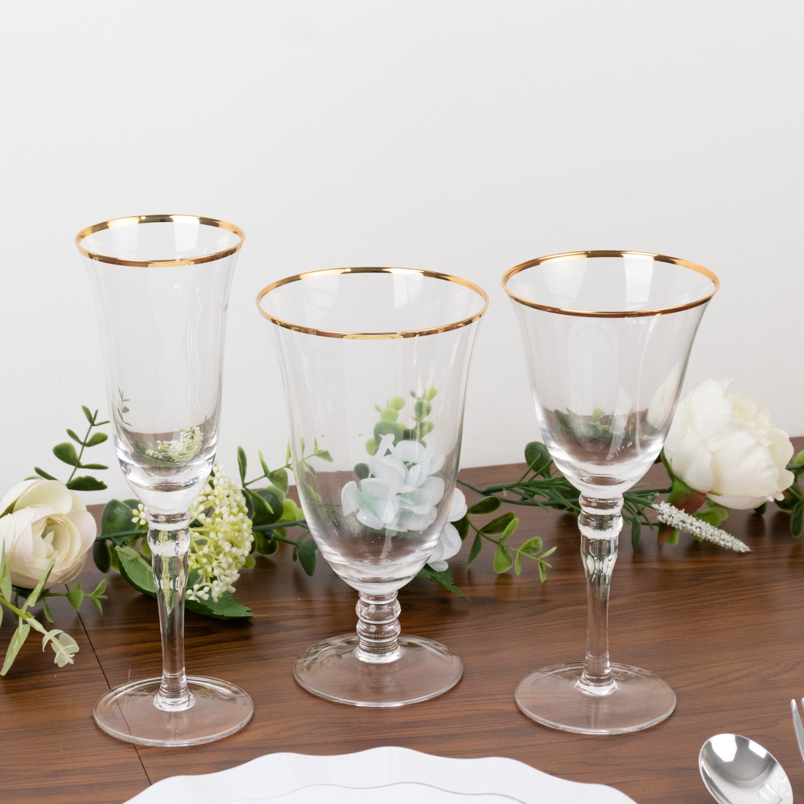 6-Pack Champagne Flute Glasses Clear Gold Rimmed Design with Long Beaded Stem - Chic Crystal Glassware for Wine & Events 6oz 8.5"
