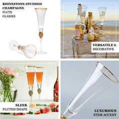 6-Pack Champagne Flute Glasses Clear Gold Rim Design with Studded Rhinestones - Long Stem Crystal Glassware for Wine & Events 6oz 11"