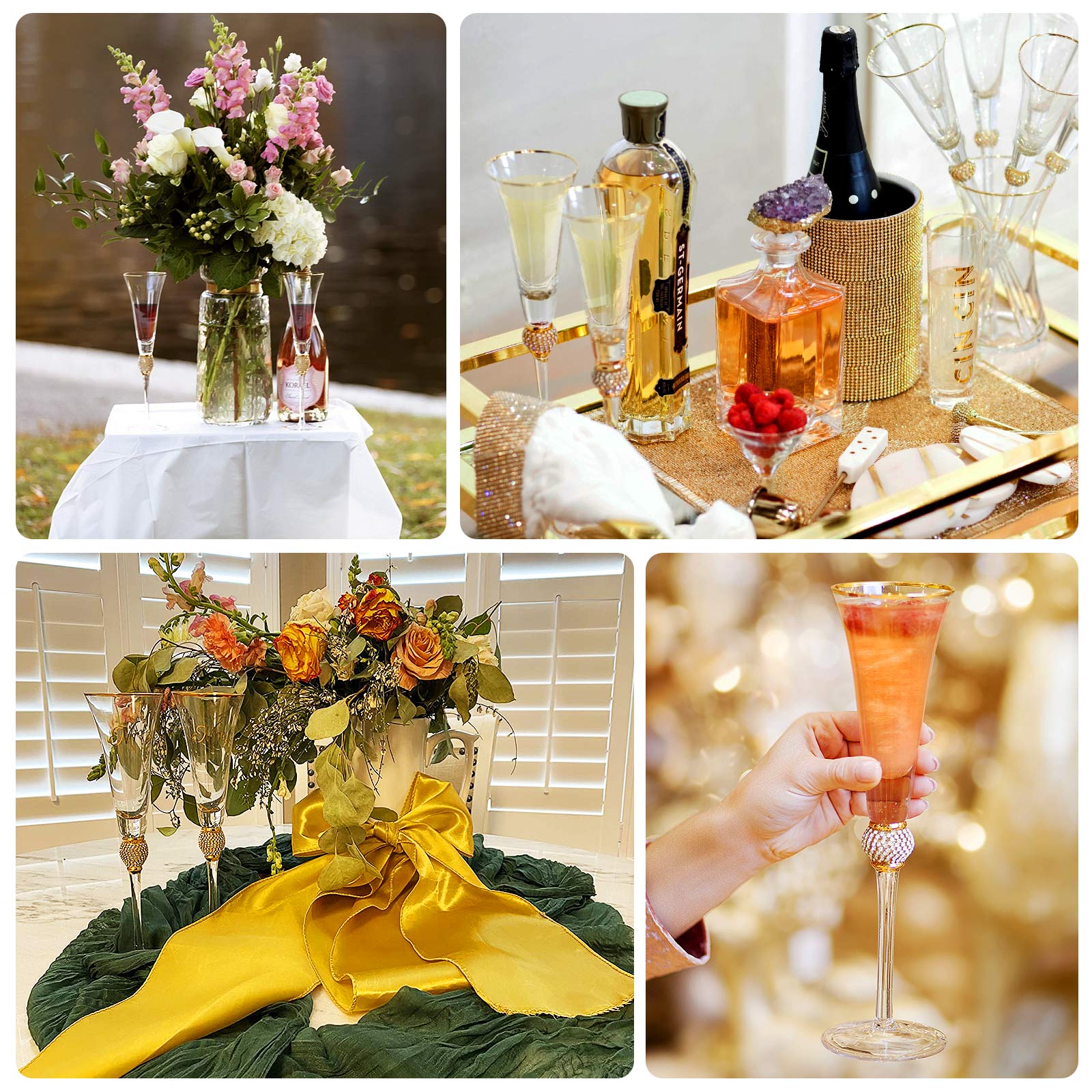 6-Pack Champagne Flute Glasses Clear Gold Rim Design with Studded Rhinestones - Long Stem Crystal Glassware for Wine & Events 6oz 11"