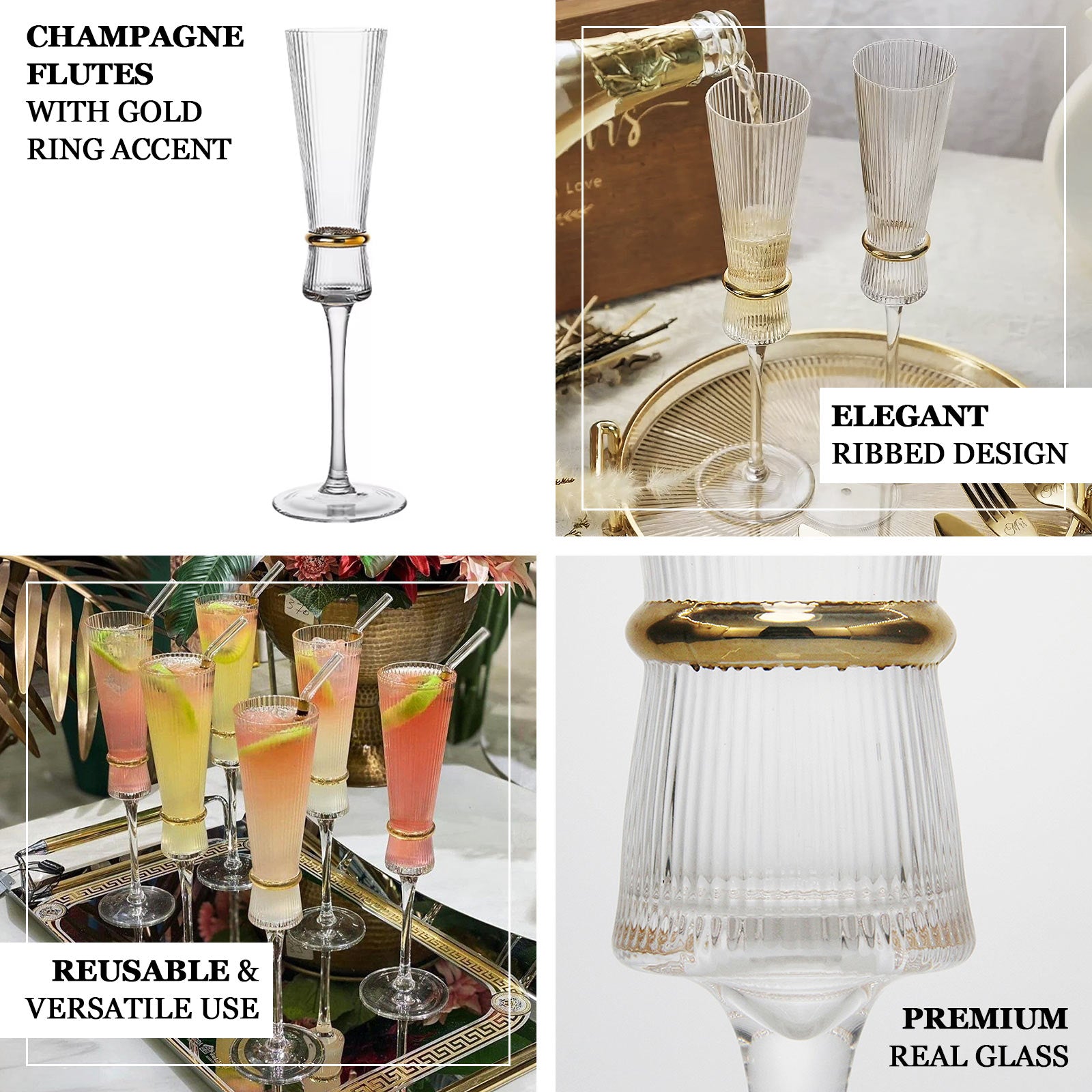 6-Pack Clear Champagne Flutes – 6oz Real Glass, Ribbed Stemware with Gold Ring Accent, Elegant Toasting Glasses for Weddings, Parties & Celebrations – 10" Tall
