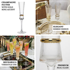 6-Pack Clear Champagne Flutes – 6oz Real Glass, Ribbed Stemware with Gold Ring Accent, Elegant Toasting Glasses for Weddings, Parties & Celebrations – 10" Tall