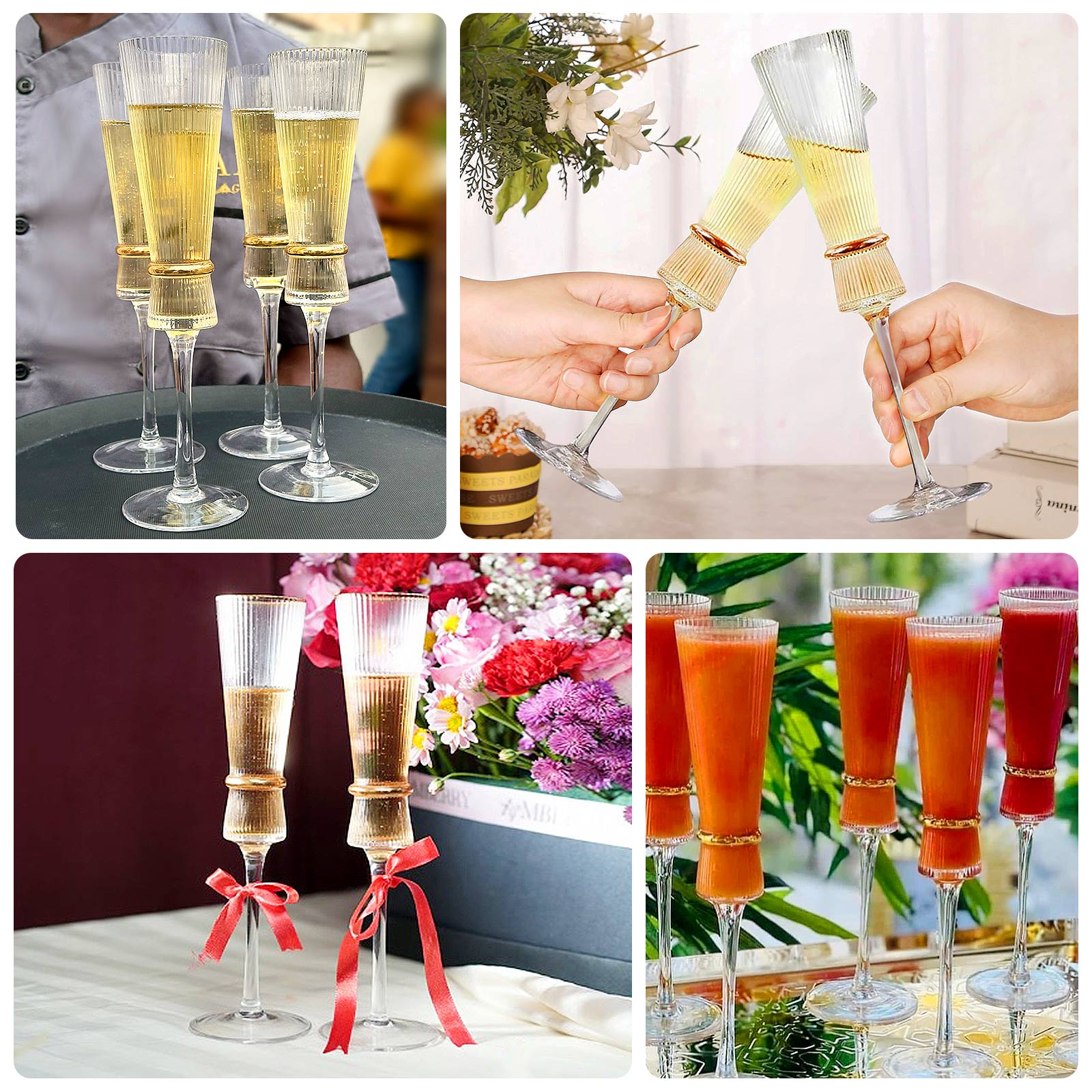 6-Pack Clear Champagne Flutes – 6oz Real Glass, Ribbed Stemware with Gold Ring Accent, Elegant Toasting Glasses for Weddings, Parties & Celebrations – 10" Tall