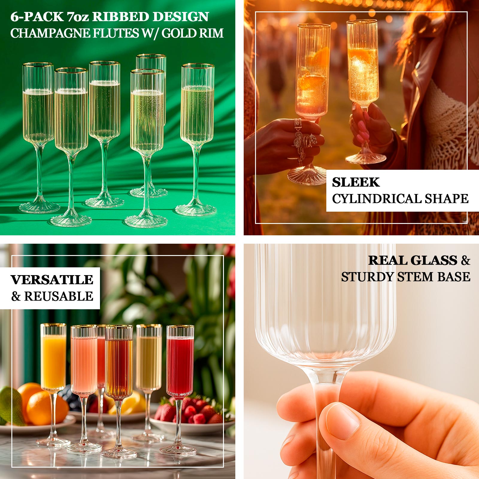 6-Pack Clear Modern Champagne Flutes – 7oz Real Glass, Ribbed Cylindrical Design with Gold Rim, Elegant Toasting Glasses for Weddings & Celebrations – 9.5" Tall