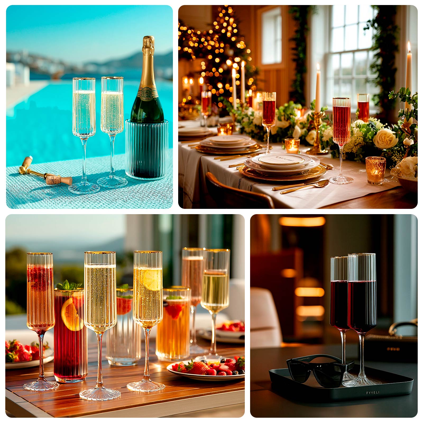 6-Pack Clear Modern Champagne Flutes – 7oz Real Glass, Ribbed Cylindrical Design with Gold Rim, Elegant Toasting Glasses for Weddings & Celebrations – 9.5" Tall