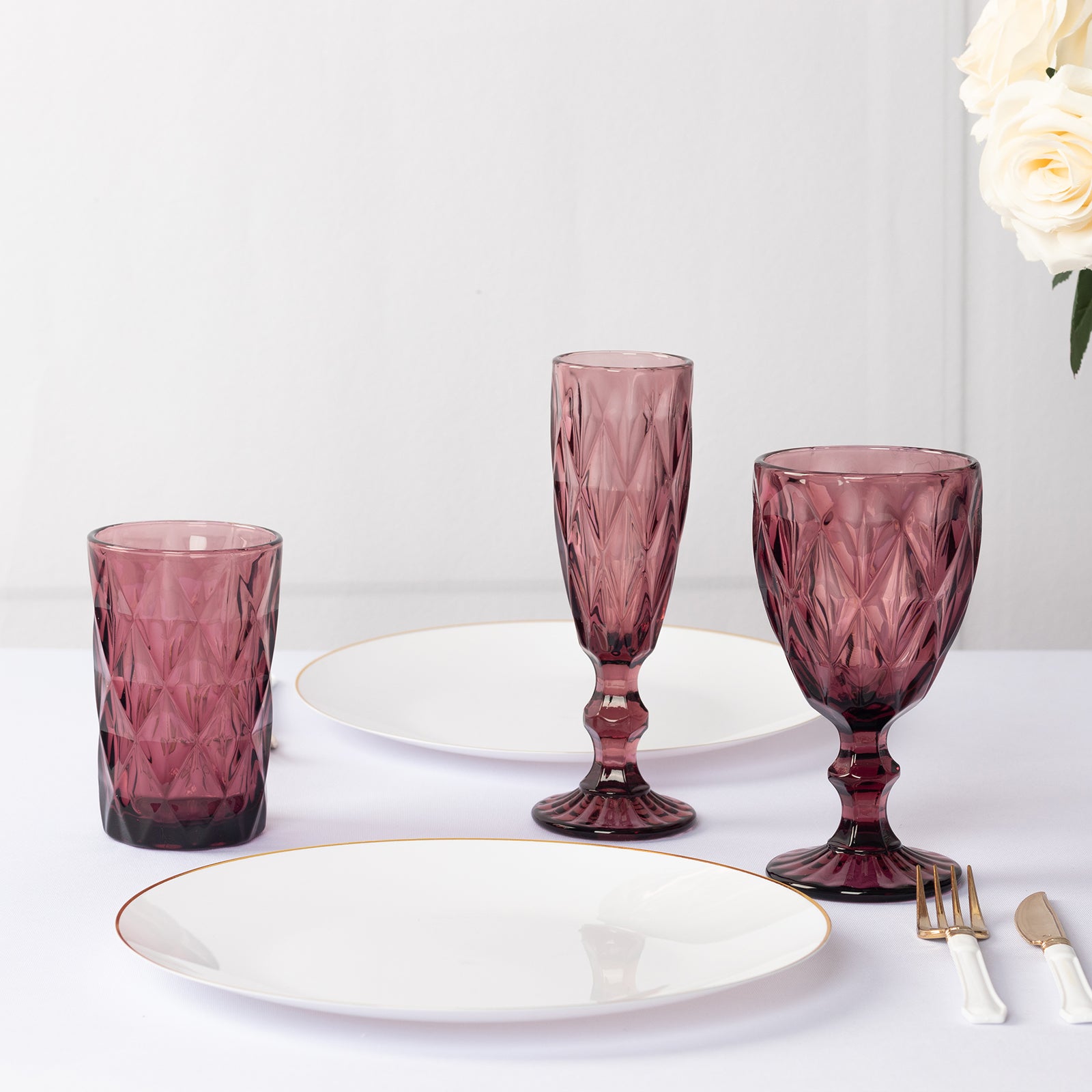 6-Pack Whiskey Glasses Dusty Rose Textured Crystal Cut Design with Heavy Base - Highball Tumblers for Parties & Events 12oz 5"