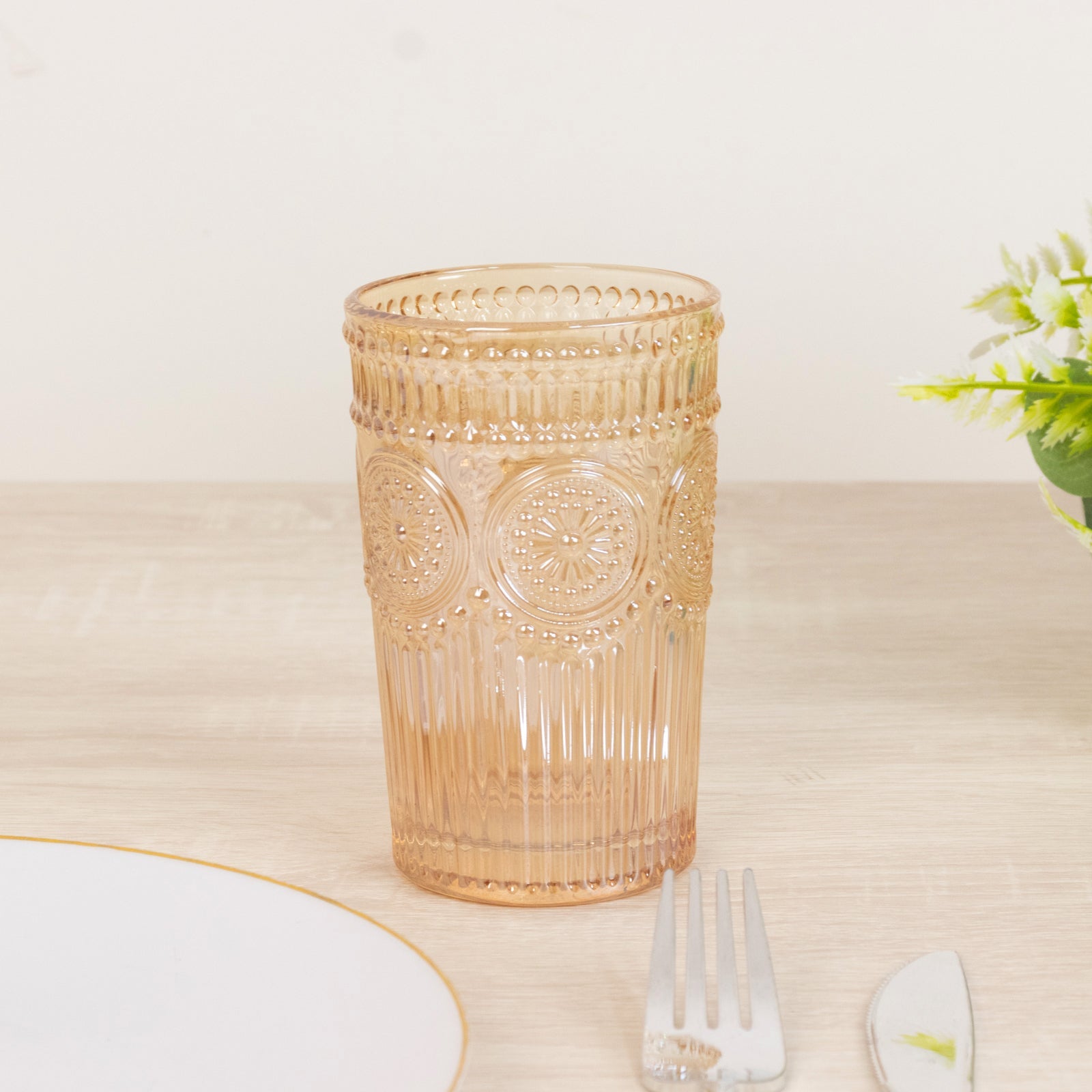 6 Pack Embossed Glass Tumblers – 13oz Amber Gold Vintage Textured Floral Drinking Cups for Water & Cocktails