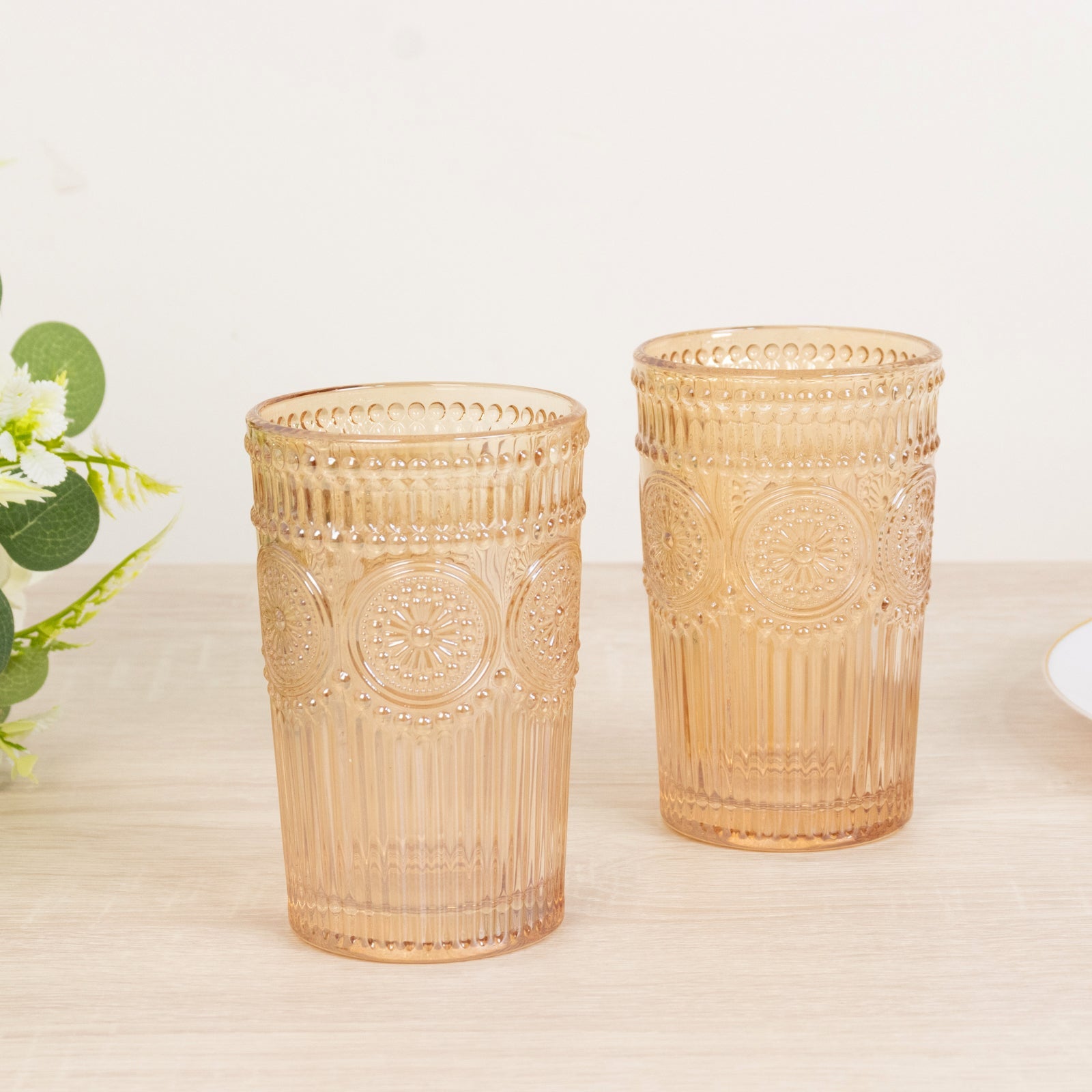 6 Pack Embossed Glass Tumblers – 13oz Amber Gold Vintage Textured Floral Drinking Cups for Water & Cocktails