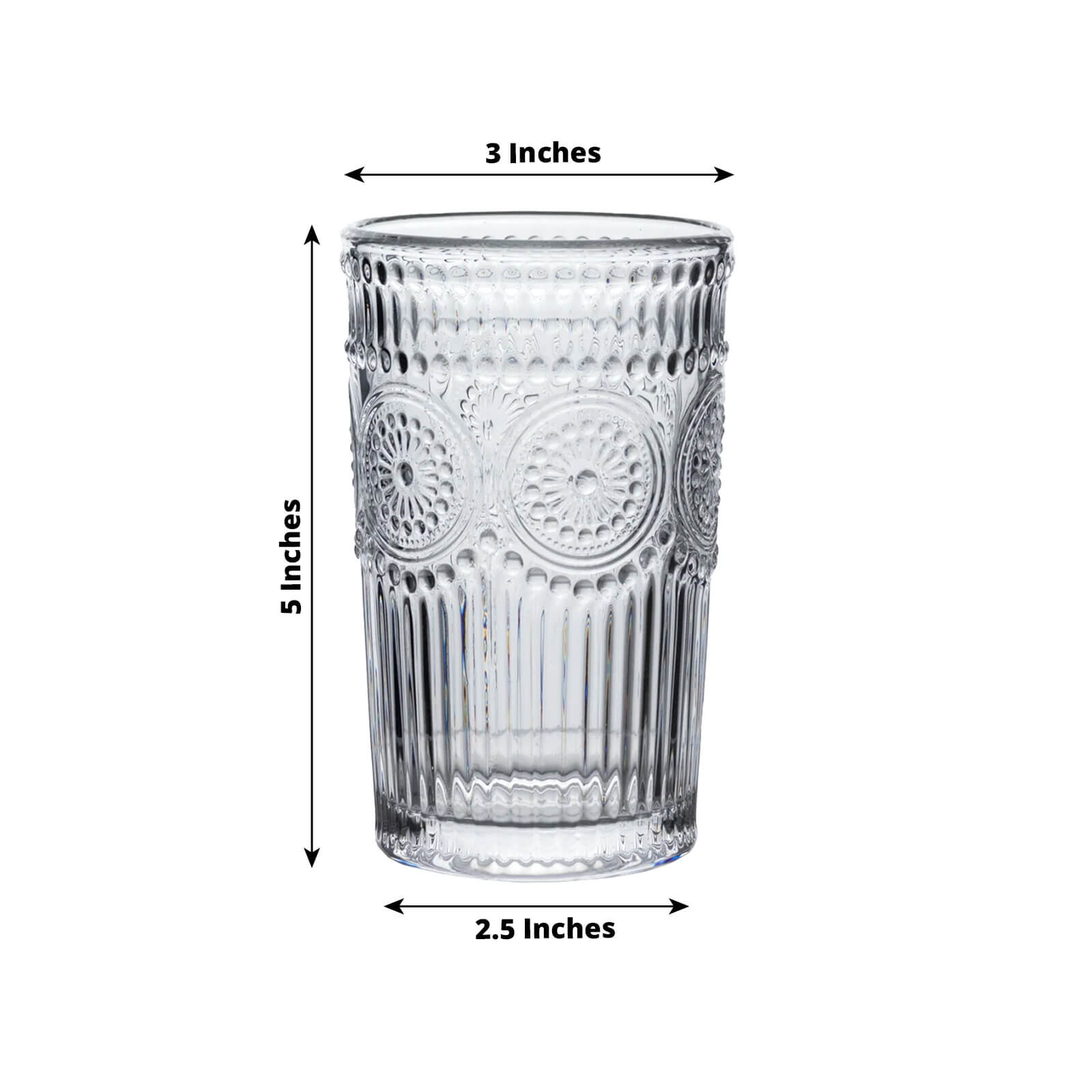 6 Pack Embossed Glass Tumblers – 13oz Clear Vintage Textured Floral Drinking Cups for Water & Cocktails
