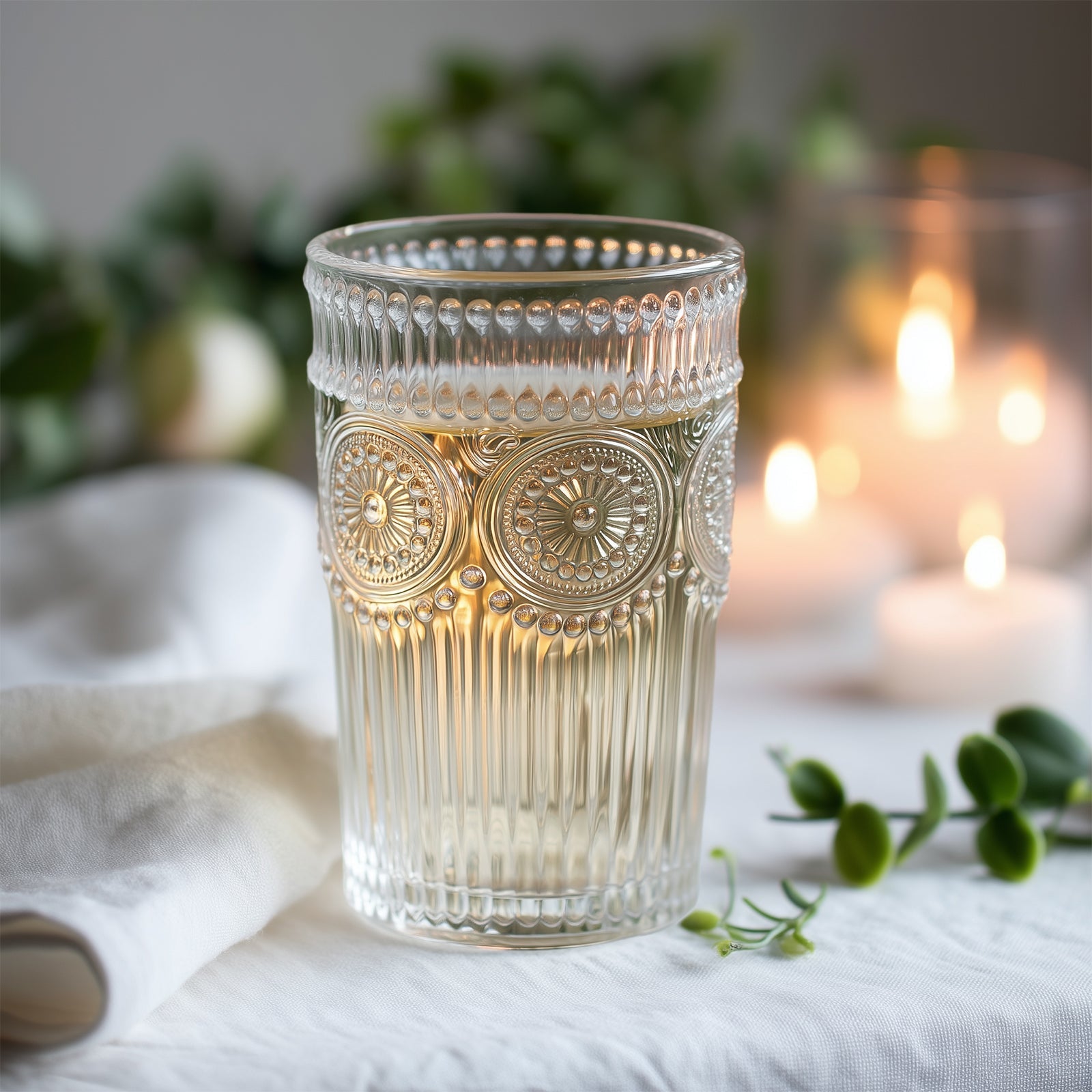 6 Pack Embossed Glass Tumblers – 13oz Clear Vintage Textured Floral Drinking Cups for Water & Cocktails