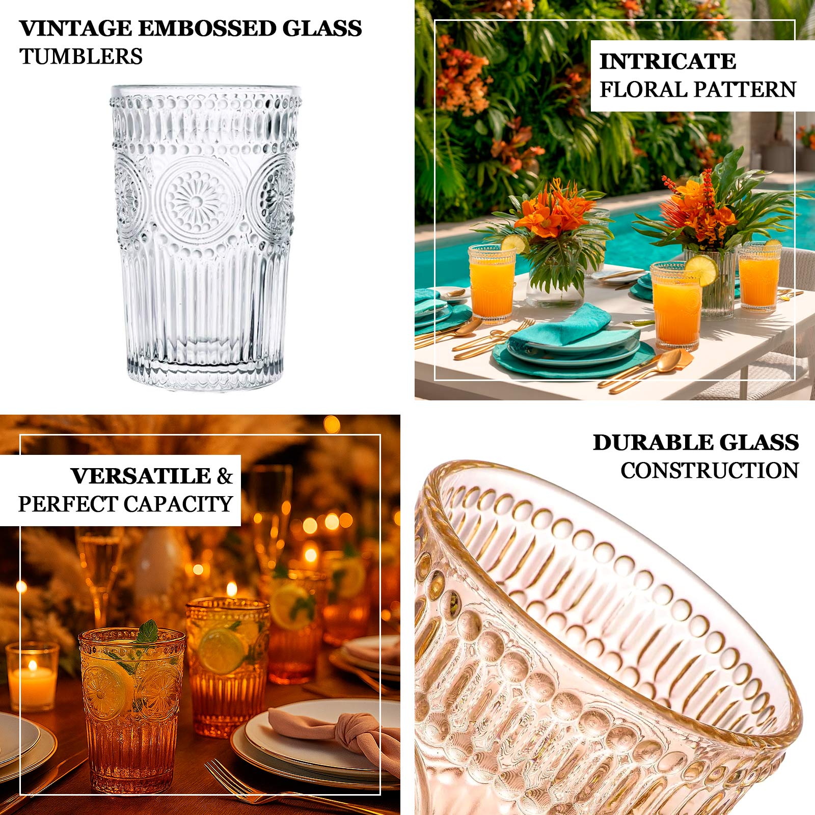 6 Pack Embossed Glass Tumblers – 13oz Clear Vintage Textured Floral Drinking Cups for Water & Cocktails