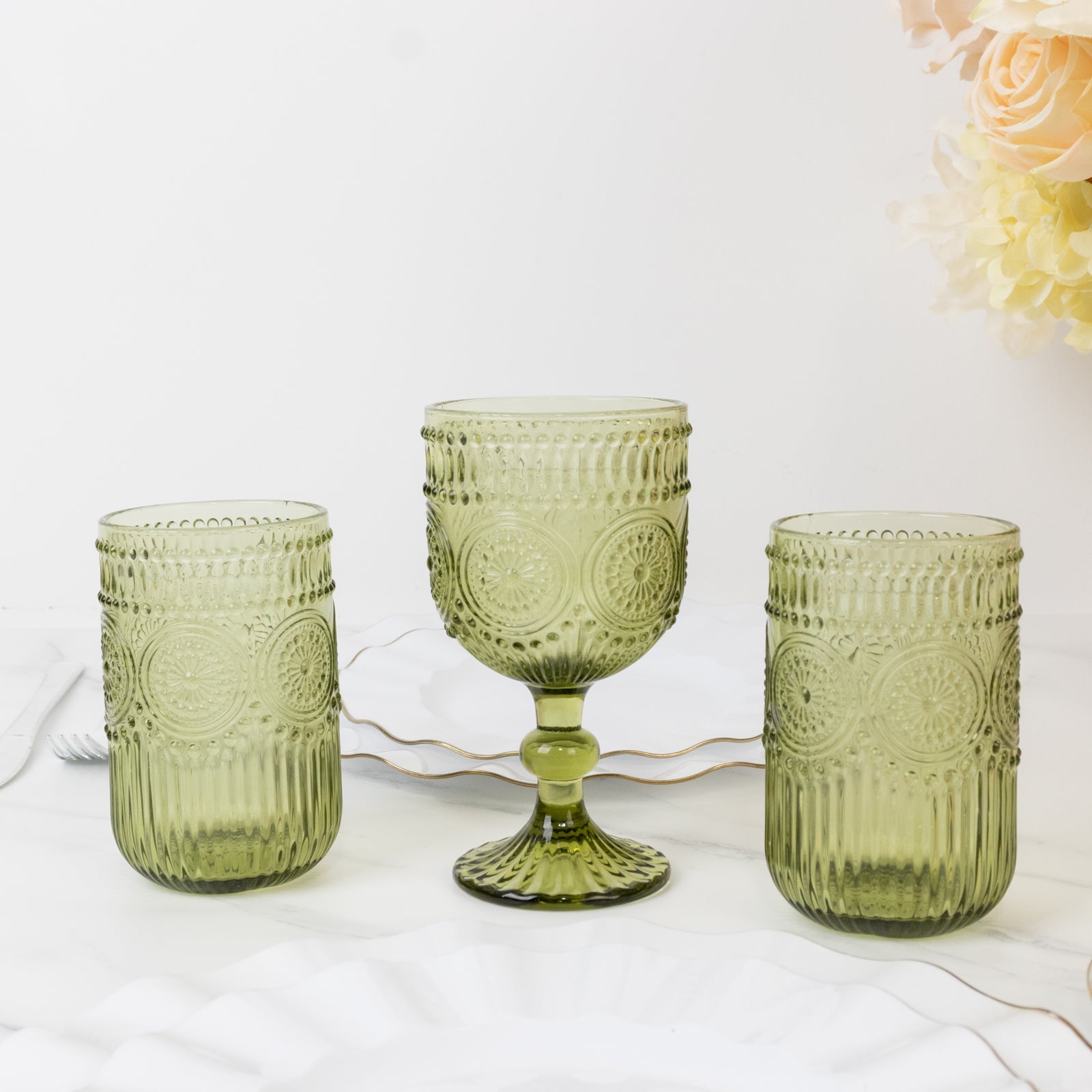 6-Pack Glass Tumblers Dusty Sage Green Vintage Embossed Design with Textured Floral Pattern - Highball Glasses for Drinks & Parties 14oz