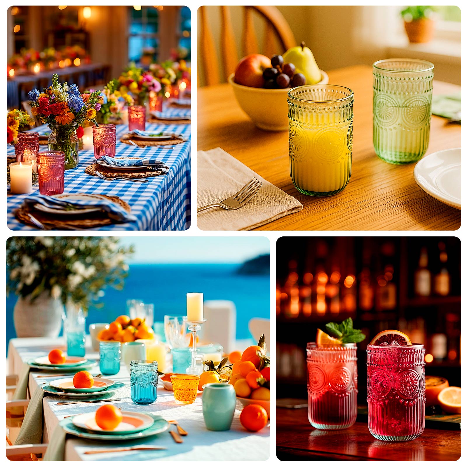 6-Pack Glass Tumblers Dusty Rose Vintage Embossed Design with Textured Floral Pattern - Highball Glasses for Drinks & Parties 14oz