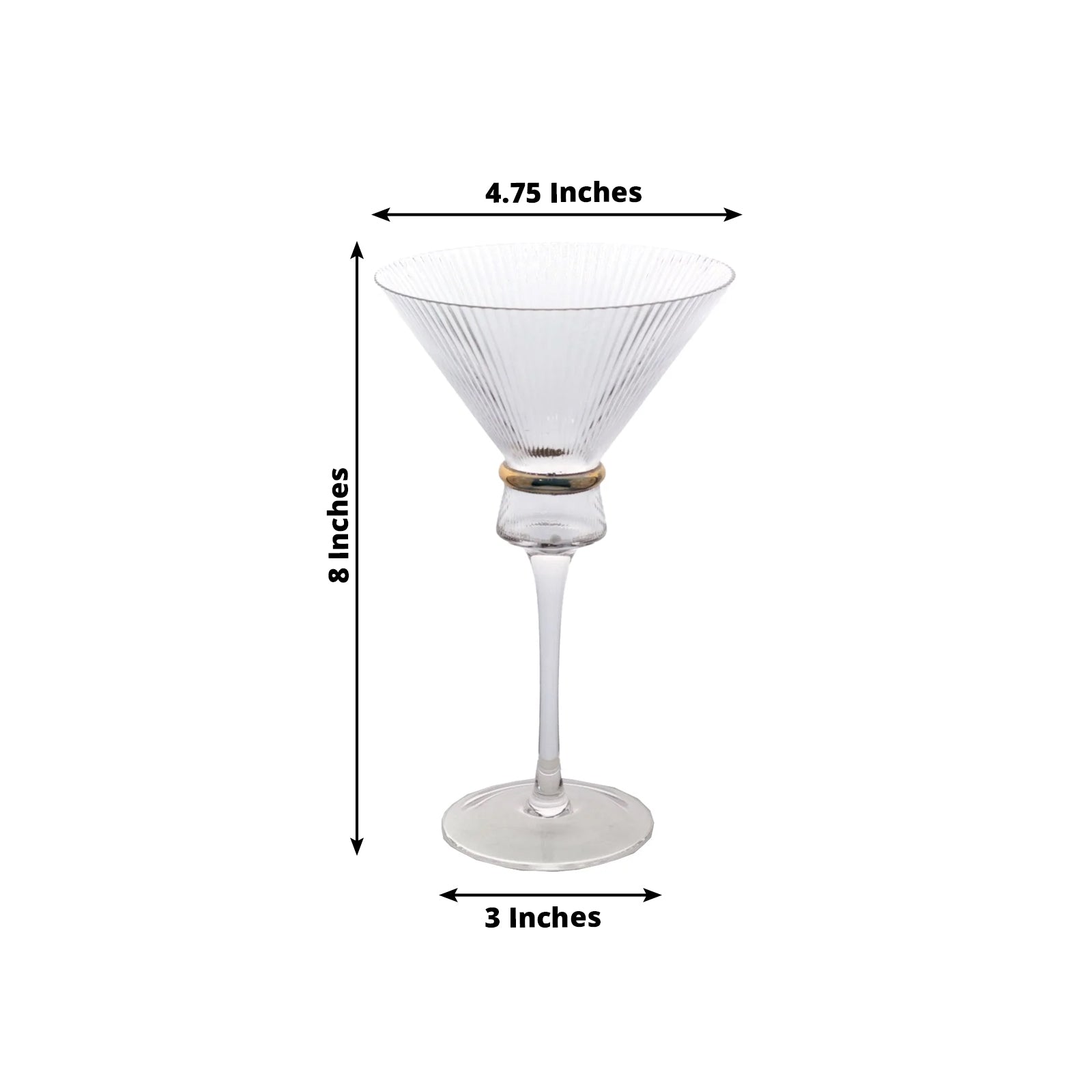 6-Pack Clear Martini Glasses – 10oz Real Glass, Ribbed Design with Gold Ring Accent, Elegant Cocktail Glasses for Martinis & Cosmopolitans – 8" Tall