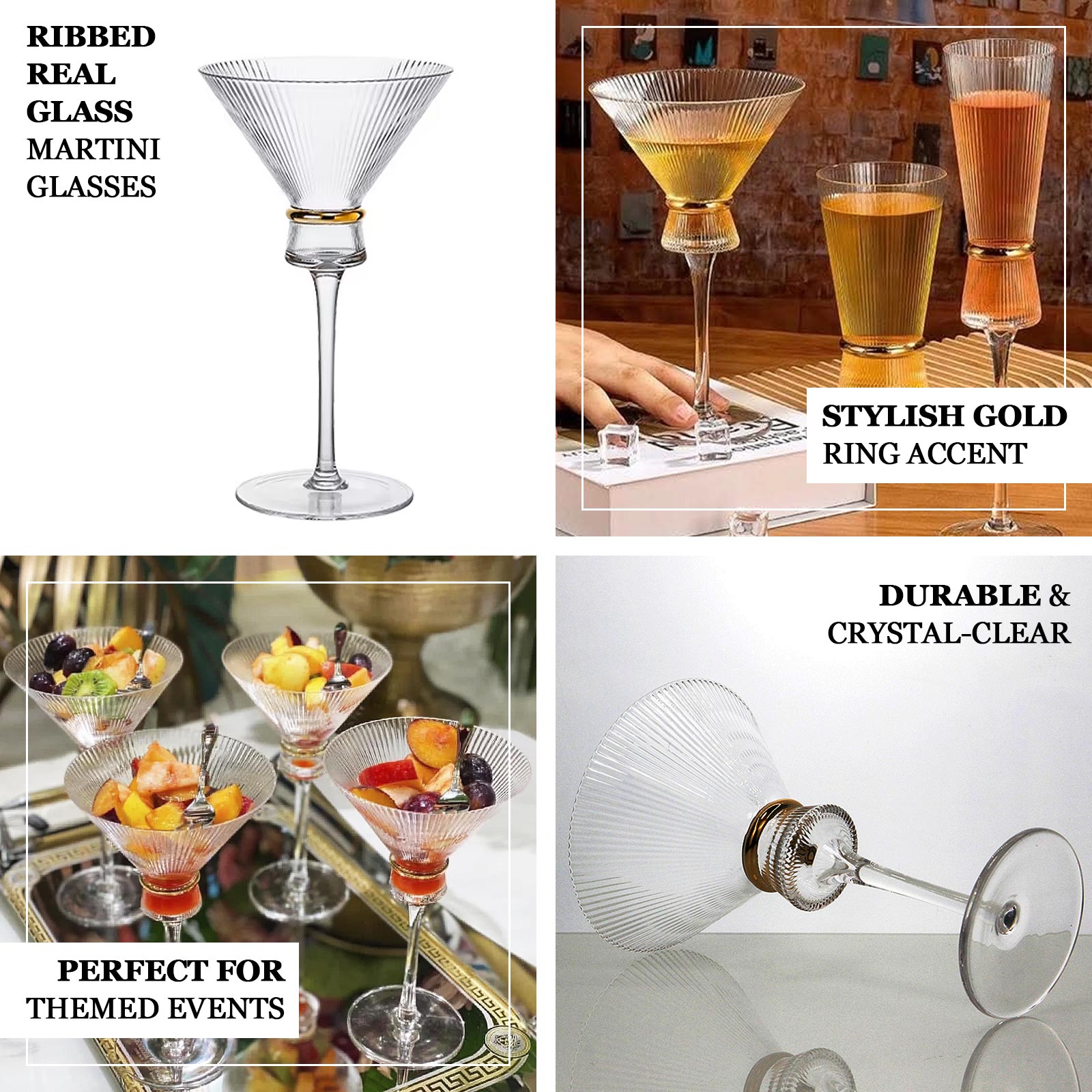 6-Pack Clear Martini Glasses – 10oz Real Glass, Ribbed Design with Gold Ring Accent, Elegant Cocktail Glasses for Martinis & Cosmopolitans – 8" Tall