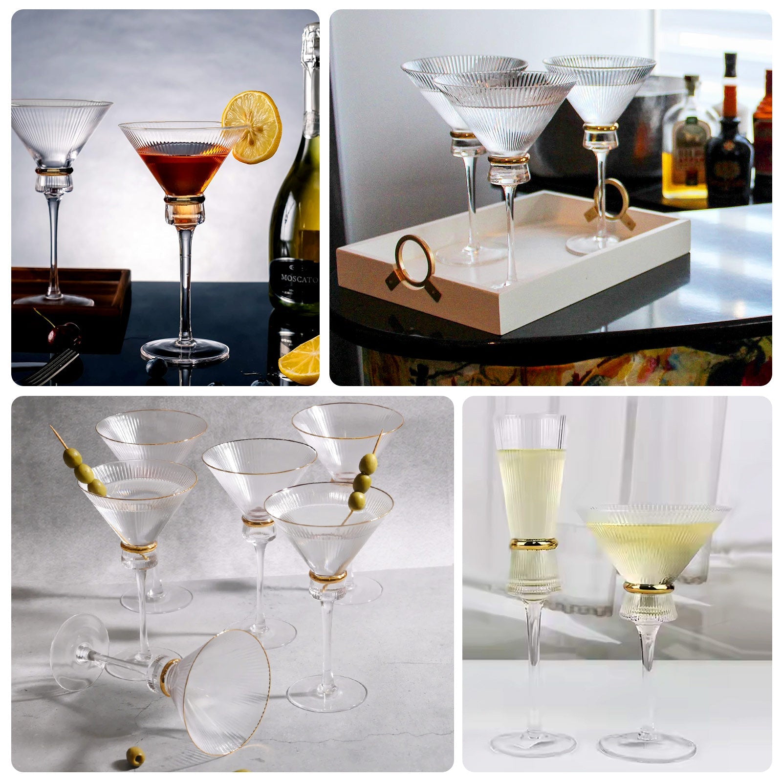 6-Pack Clear Martini Glasses – 10oz Real Glass, Ribbed Design with Gold Ring Accent, Elegant Cocktail Glasses for Martinis & Cosmopolitans – 8" Tall