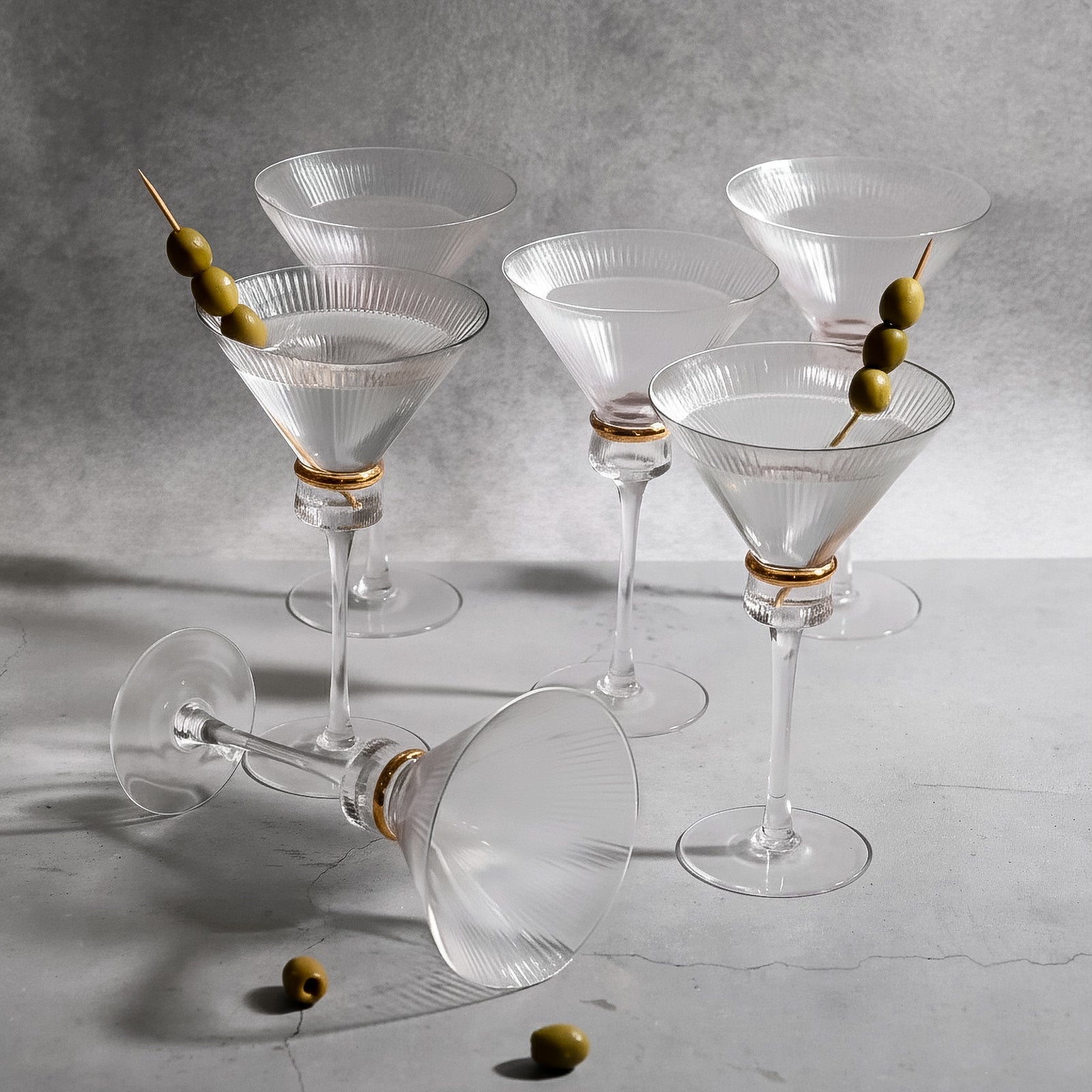 6-Pack Clear Martini Glasses – 10oz Real Glass, Ribbed Design with Gold Ring Accent, Elegant Cocktail Glasses for Martinis & Cosmopolitans – 8" Tall