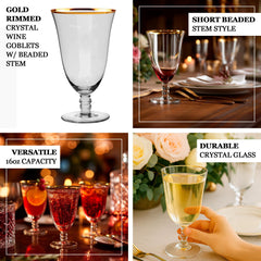 6-Pack Red Wine Glasses Clear Gold Rimmed Design with Short Beaded Stem - Chic Crystal Goblets for Drinks & Events 16oz 7"