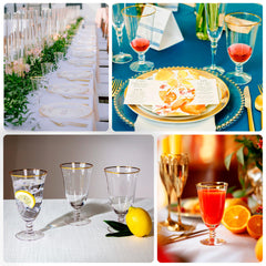 6-Pack Red Wine Glasses Clear Gold Rimmed Design with Short Beaded Stem - Chic Crystal Goblets for Drinks & Events 16oz 7"