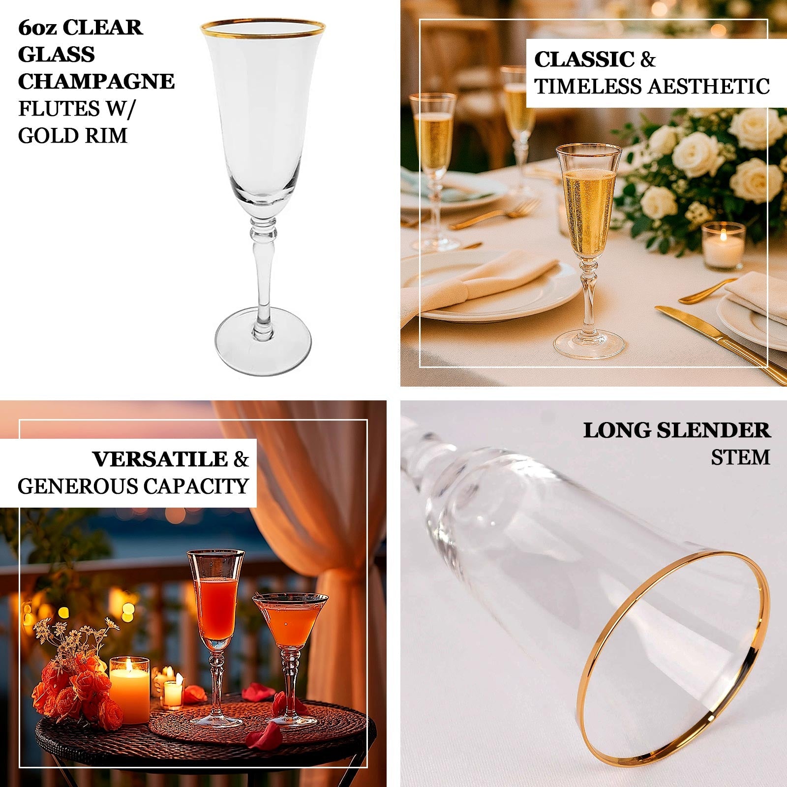 6-Pack Champagne Flute Glasses Clear Gold Rimmed Design with Long Beaded Stem - Chic Crystal Glassware for Wine & Events 6oz 8.5"