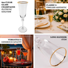 6-Pack Champagne Flute Glasses Clear Gold Rimmed Design with Long Beaded Stem - Chic Crystal Glassware for Wine & Events 6oz 8.5"