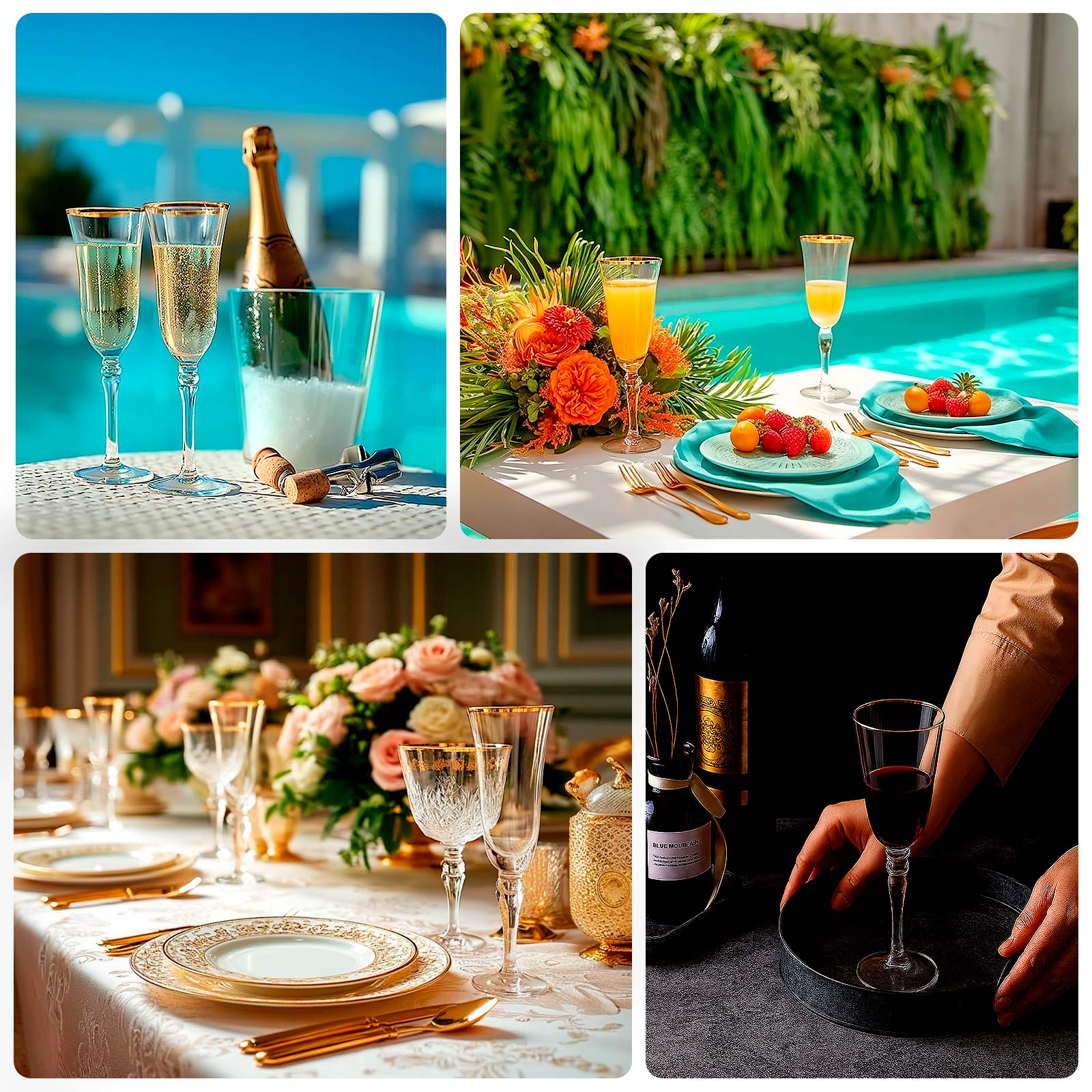 6-Pack Champagne Flute Glasses Clear Gold Rimmed Design with Long Beaded Stem - Chic Crystal Glassware for Wine & Events 6oz 8.5"