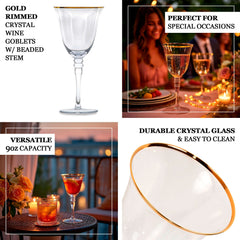 6-Pack Wine Goblet Glasses Clear Gold Rimmed Design with Long Beaded Stem - Handblown Vintage Crystal Glasses for Water & Drinks 9oz 8"