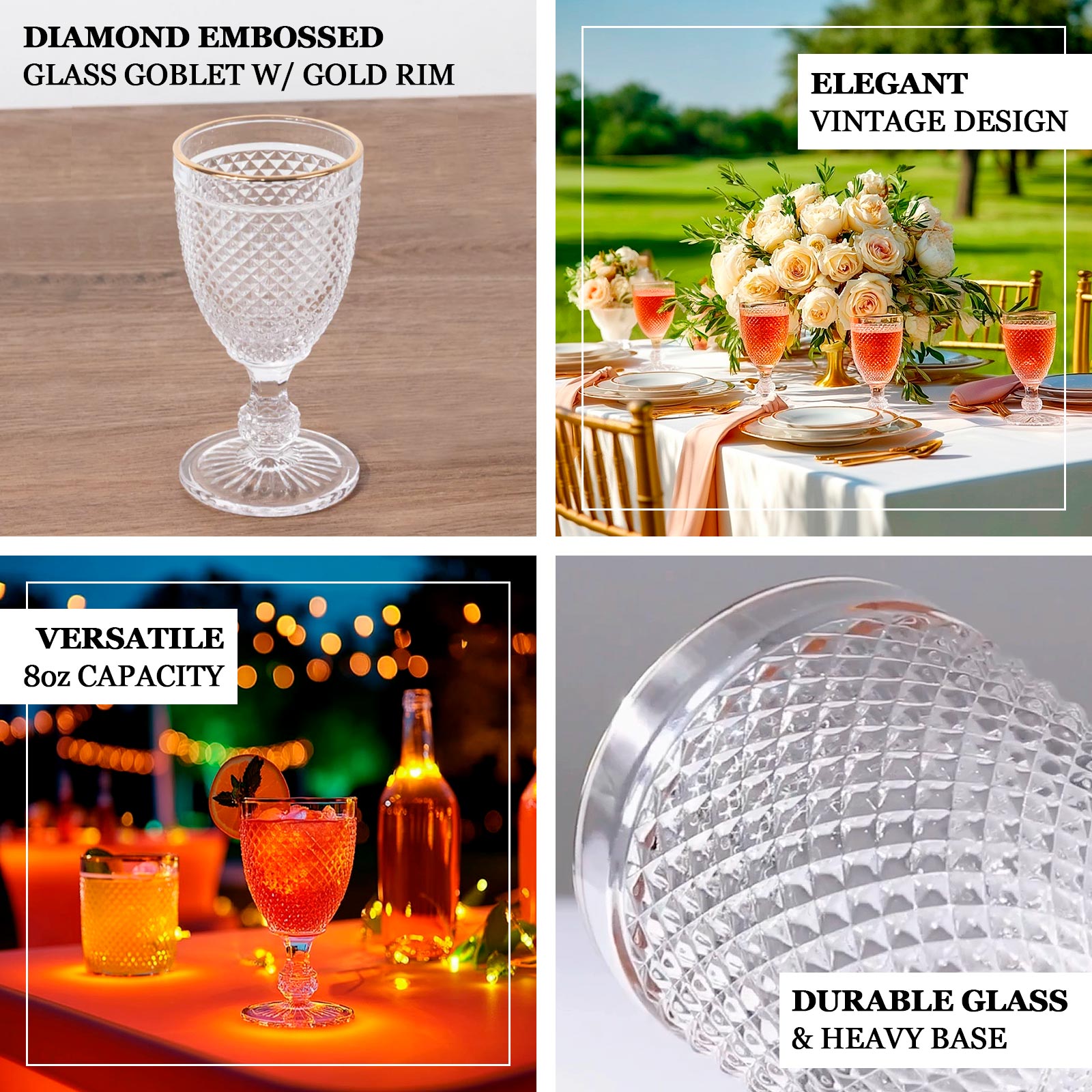 6-Pack Vintage Wine Glasses with Gold Rim and Embossed Diamond Pattern Clear - Crystal 8oz Short Stem Goblets for Cocktails 6"