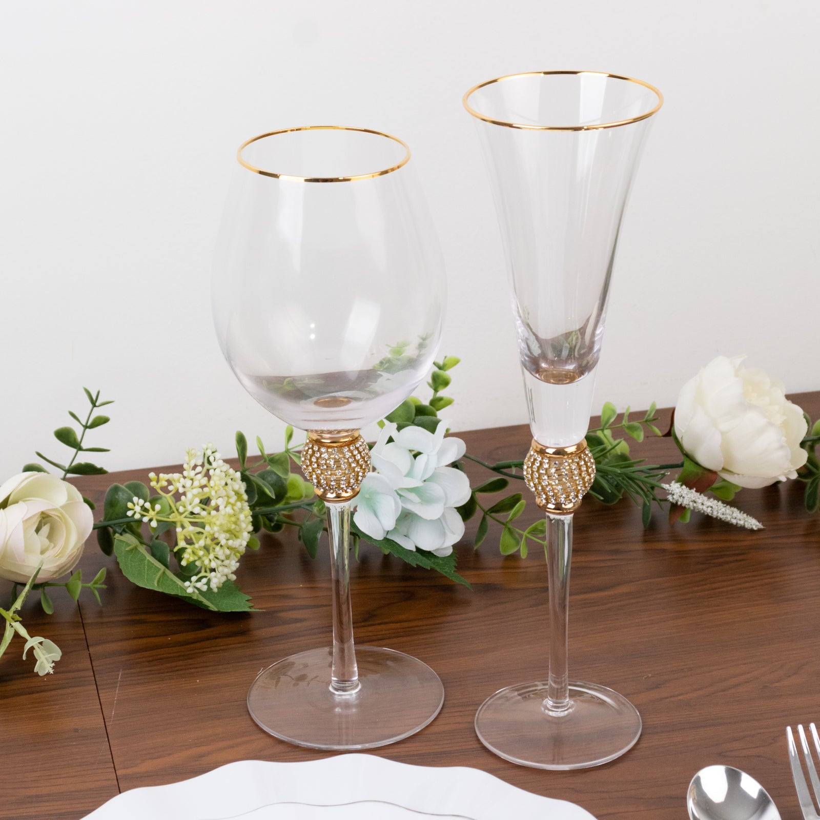 Set of 6 Wine Goblet Glasses Clear Gold Rimmed Design with Rhinestone Studded Stem - Handblown Vintage Crystal Glasses for Cocktails 16oz 10"