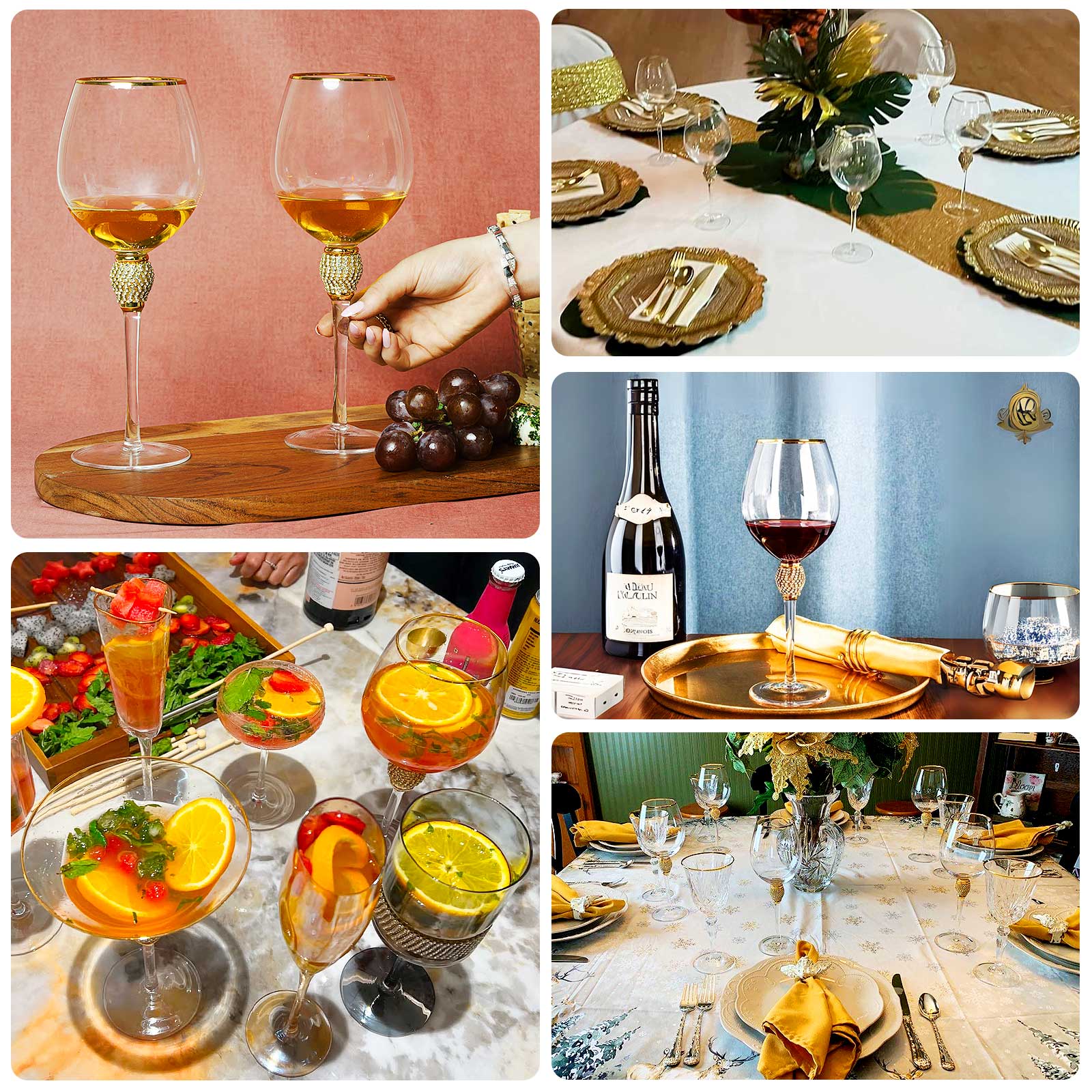 Set of 6 Wine Goblet Glasses Clear Gold Rimmed Design with Rhinestone Studded Stem - Handblown Vintage Crystal Glasses for Cocktails 16oz 10"