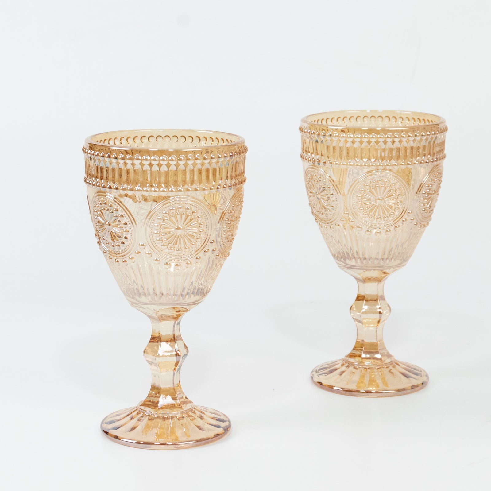 6-Pack Amber Gold Vintage Goblets 11oz – Embossed Glass Cocktail & Wine Glasses with Floral Design