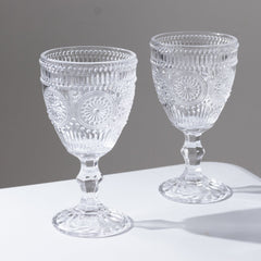 6-Pack Clear Vintage Goblets 11oz – Embossed Glass Cocktail & Wine Glasses with Floral Design